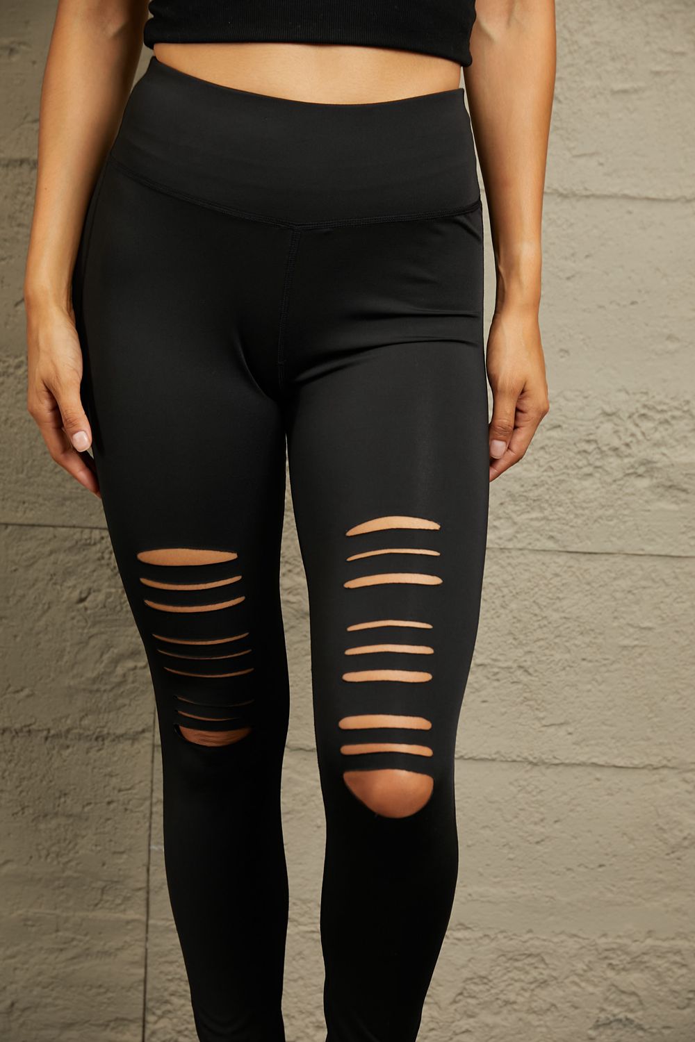 Double Take Wide Waistband Distressed Knee Slim Fit Leggings in black - Leggings - Black - Bella Bourget