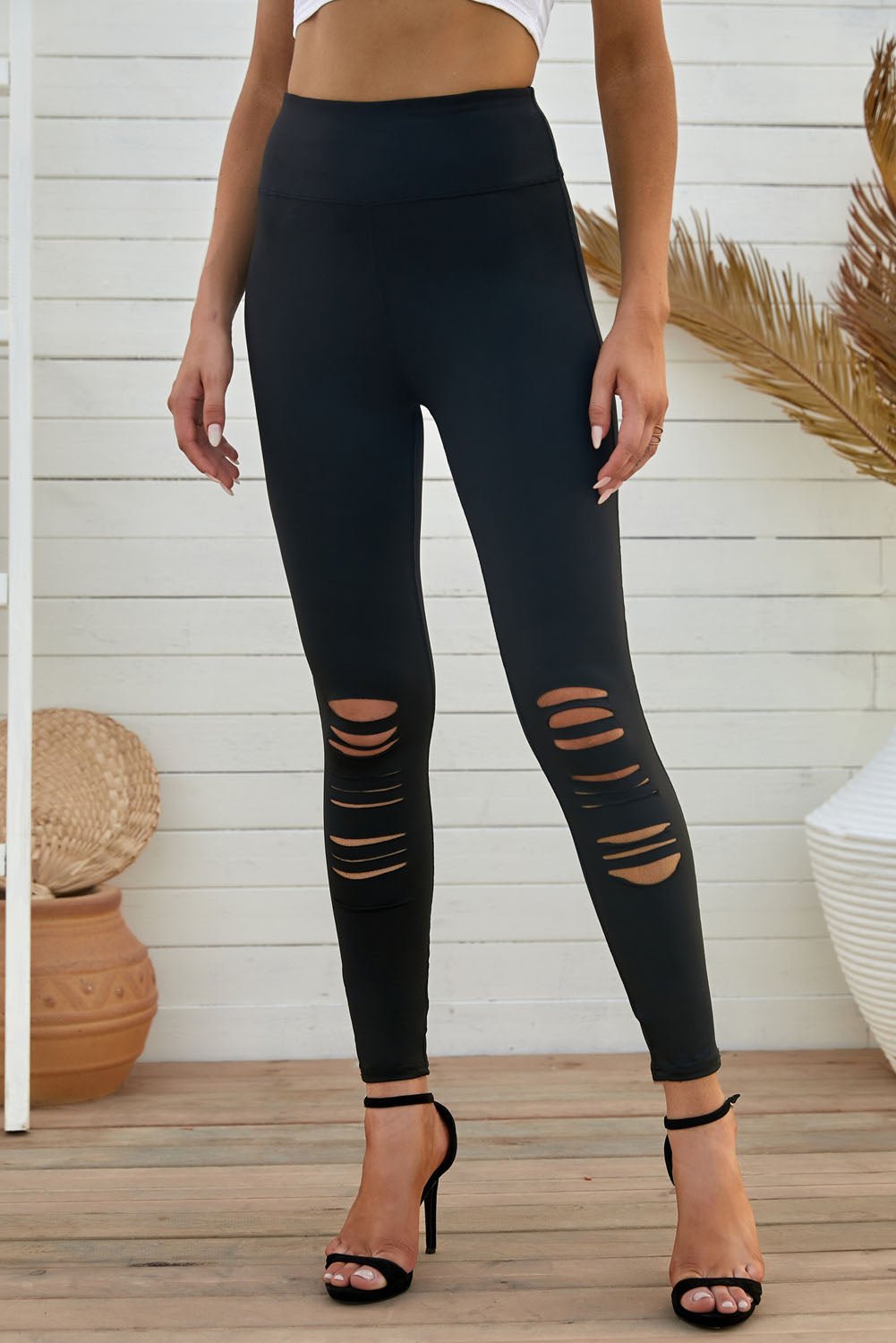 Double Take Wide Waistband Distressed Knee Slim Fit Leggings in black - Leggings - Black - Bella Bourget