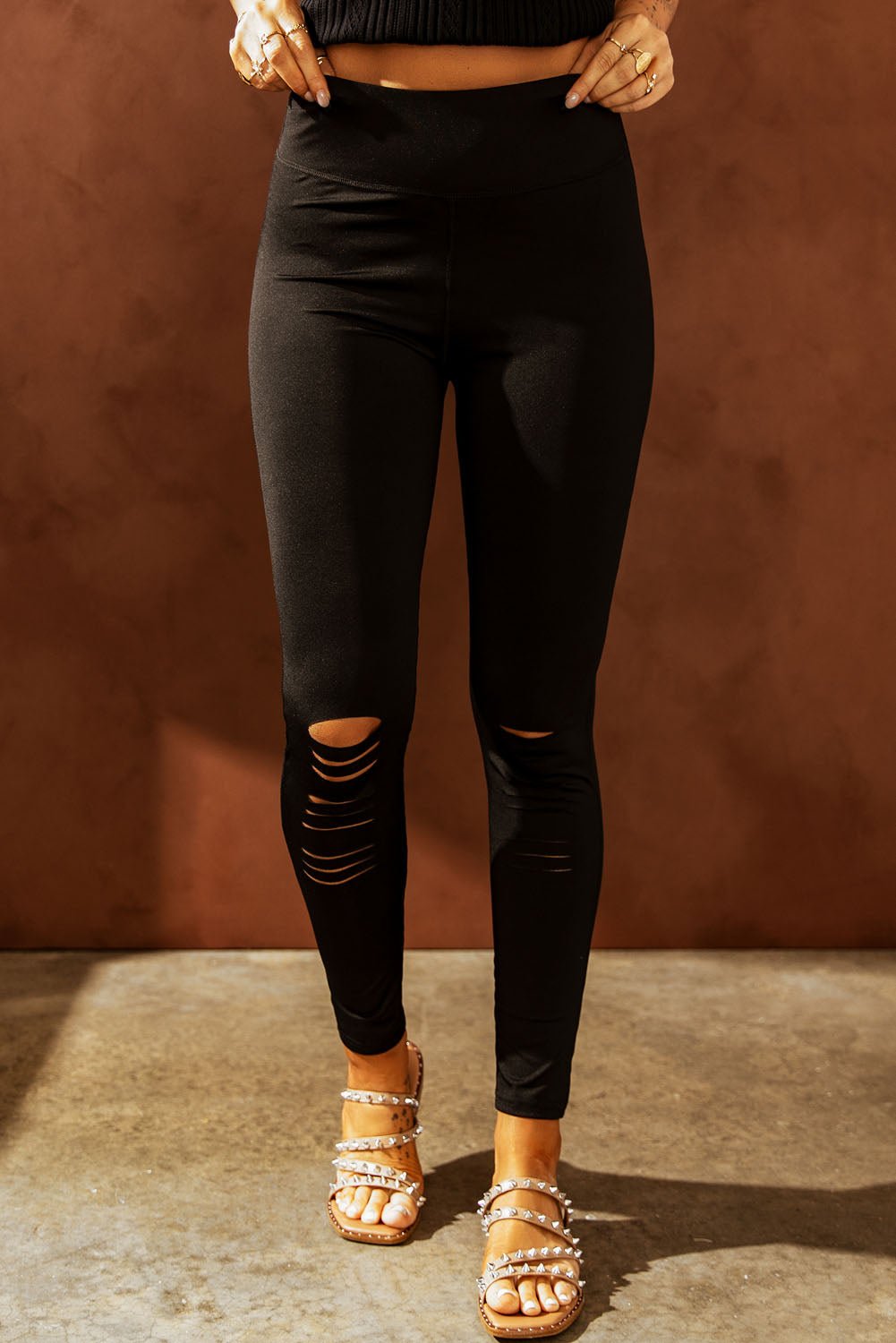 Double Take Wide Waistband Distressed Knee Slim Fit Leggings in black - Leggings - Black - Bella Bourget