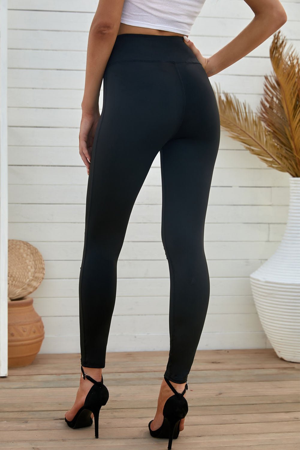 Double Take Wide Waistband Distressed Knee Slim Fit Leggings in black - Leggings - Black - Bella Bourget