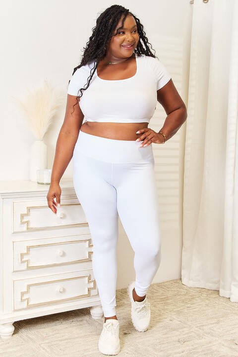 Double Take Wide Waistband Sports Leggings - Athletic Leggings - White - Bella Bourget