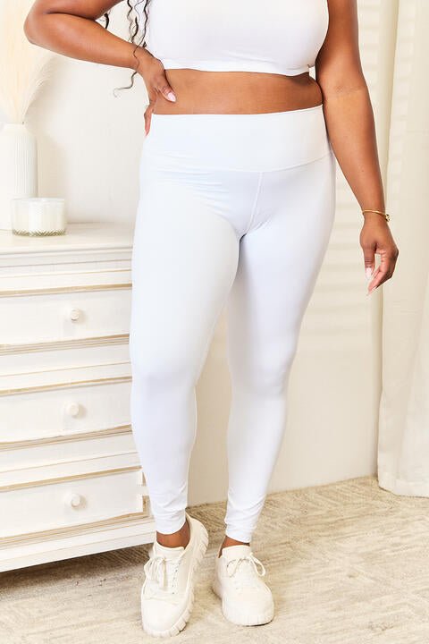 Double Take Wide Waistband Sports Leggings - Athletic Leggings - White - Bella Bourget