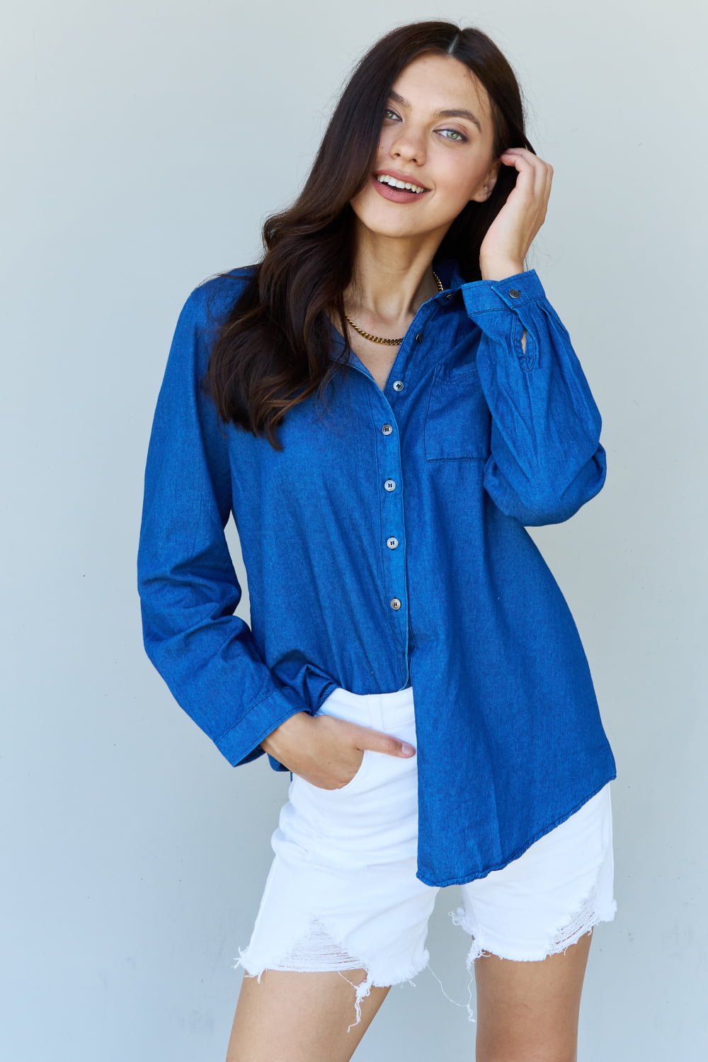 Doublju Blue Jean Baby Denim Button Down Shirt Top in Dark Blue - Denim Blouse - Dark Blue - Bella Bourget