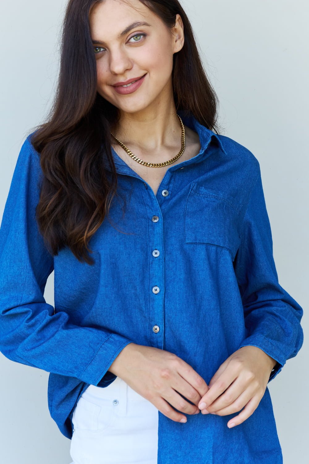 Doublju Blue Jean Baby Denim Button Down Shirt Top in Dark Blue - Denim Blouse - Dark Blue - Bella Bourget