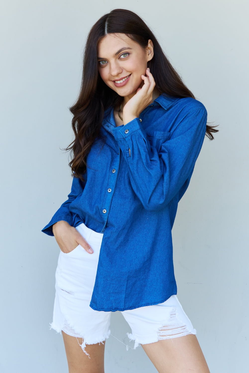 Doublju Blue Jean Baby Denim Button Down Shirt Top in Dark Blue - Denim Blouse - Dark Blue - Bella Bourget