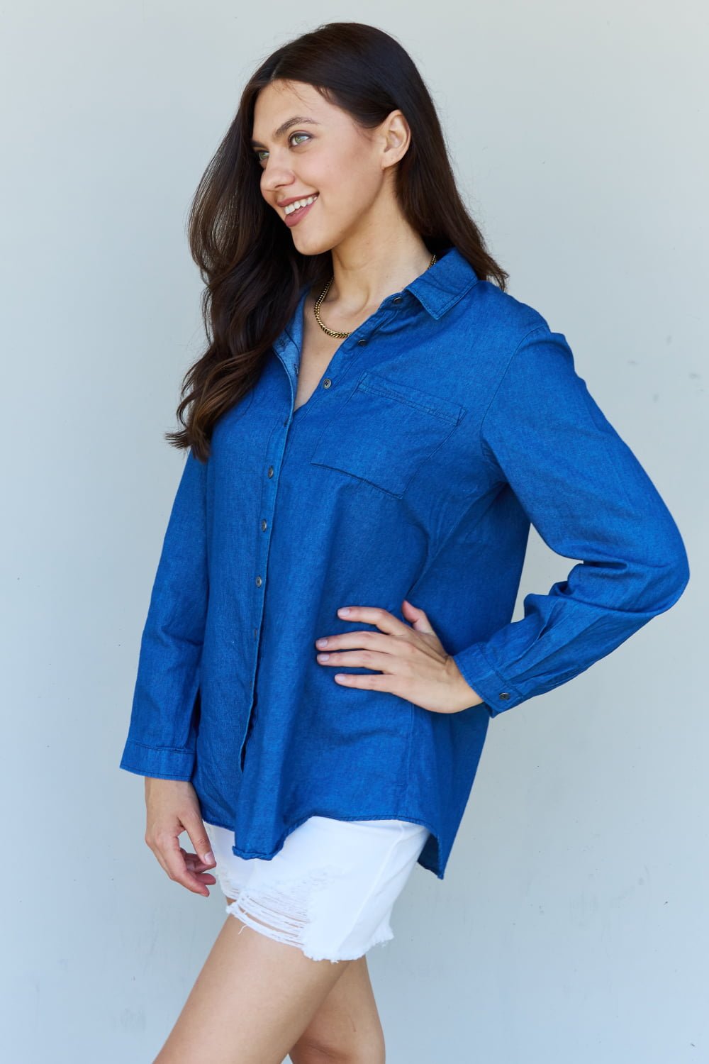 Doublju Blue Jean Baby Denim Button Down Shirt Top in Dark Blue - Denim Blouse - Dark Blue - Bella Bourget