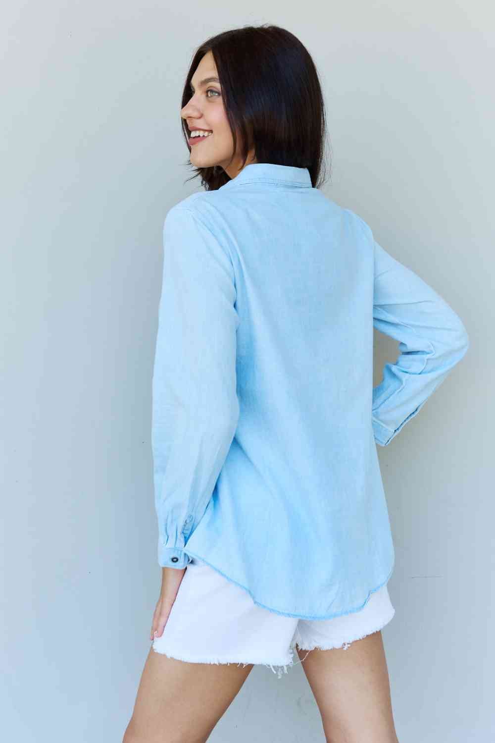 Doublju Blue Jean Baby Denim Button Down Shirt Top in Light Blue - Blouse - Light Blue - Bella Bourget