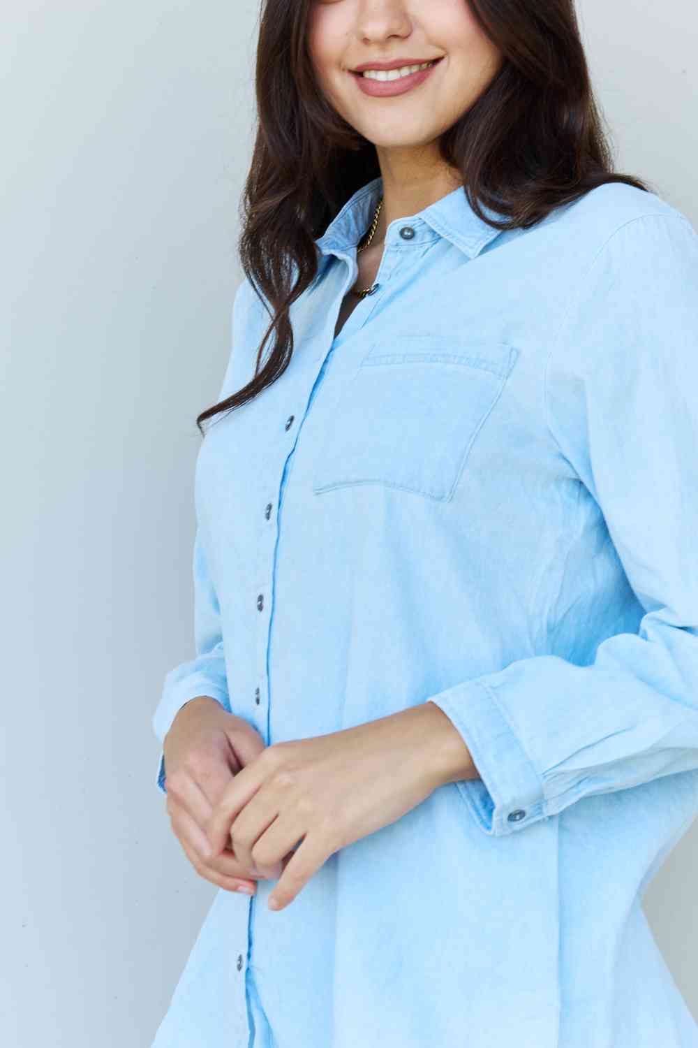 Doublju Blue Jean Baby Denim Button Down Shirt Top in Light Blue - Blouse - Light Blue - Bella Bourget