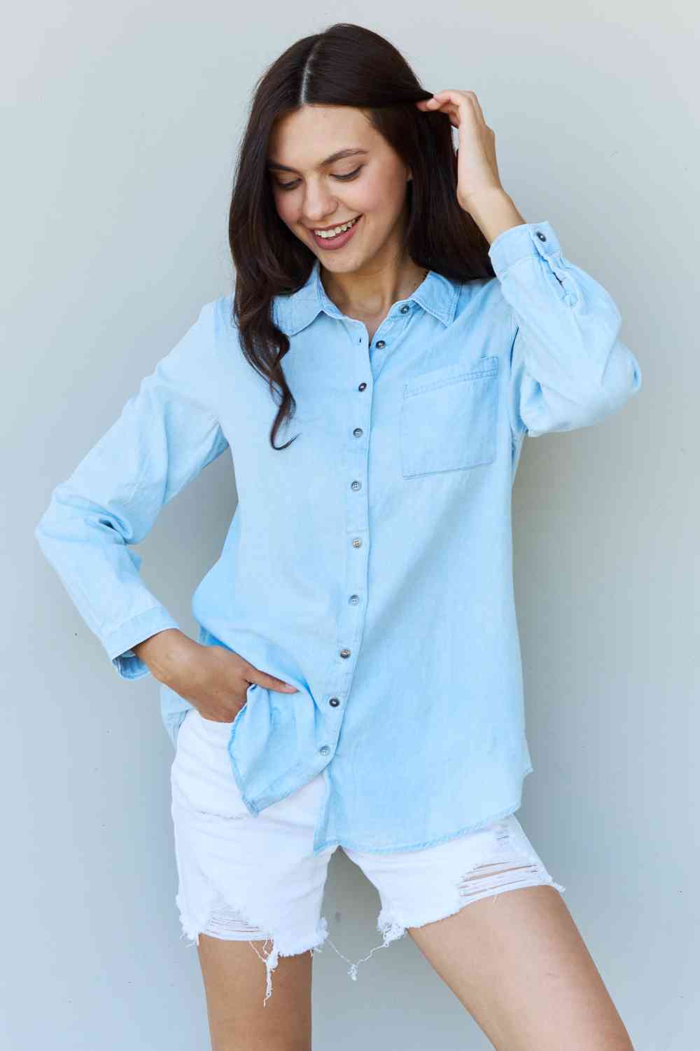 Doublju Blue Jean Baby Denim Button Down Shirt Top in Light Blue - Blouse - Light Blue - Bella Bourget