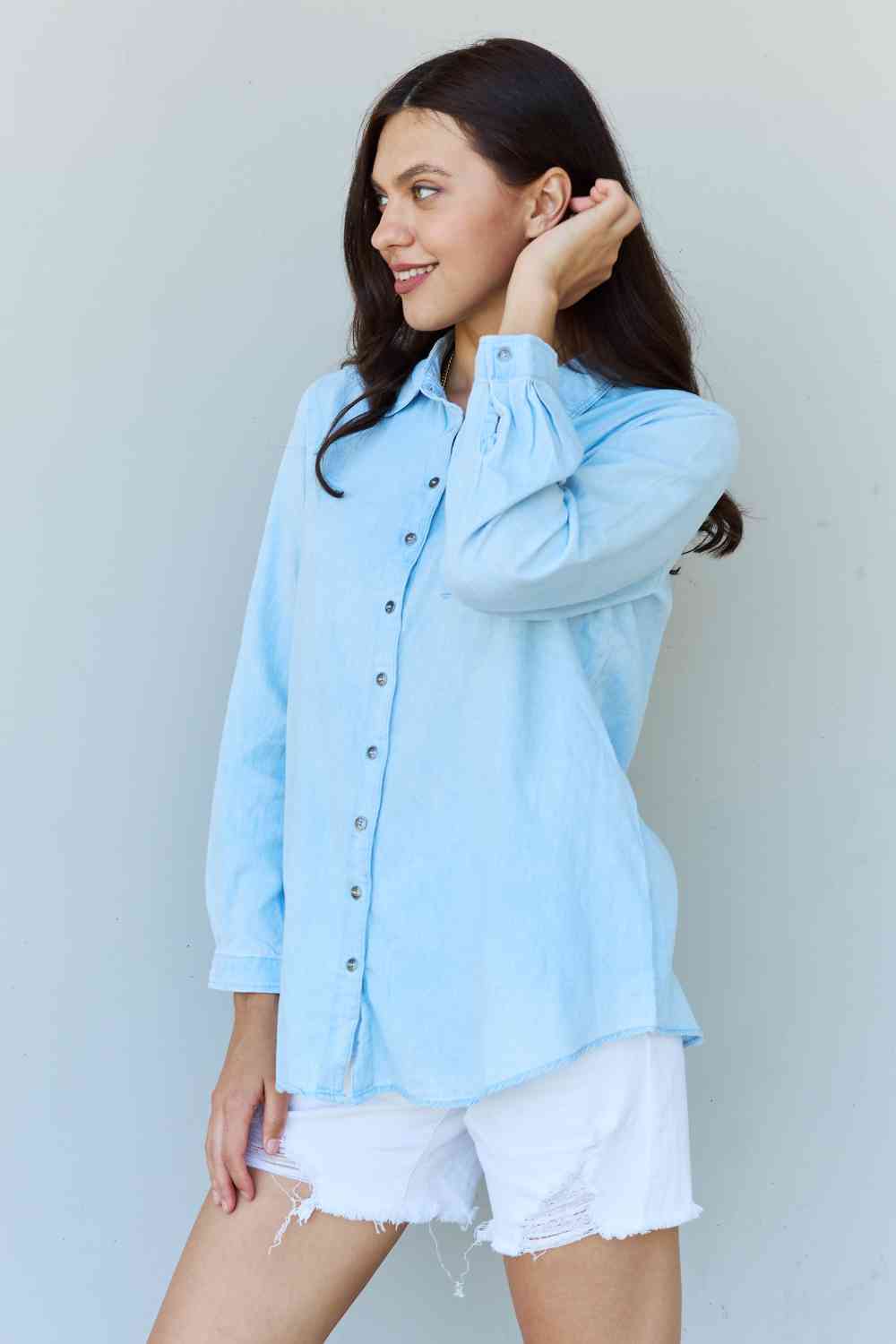 Doublju Blue Jean Baby Denim Button Down Shirt Top in Light Blue - Blouse - Light Blue - Bella Bourget