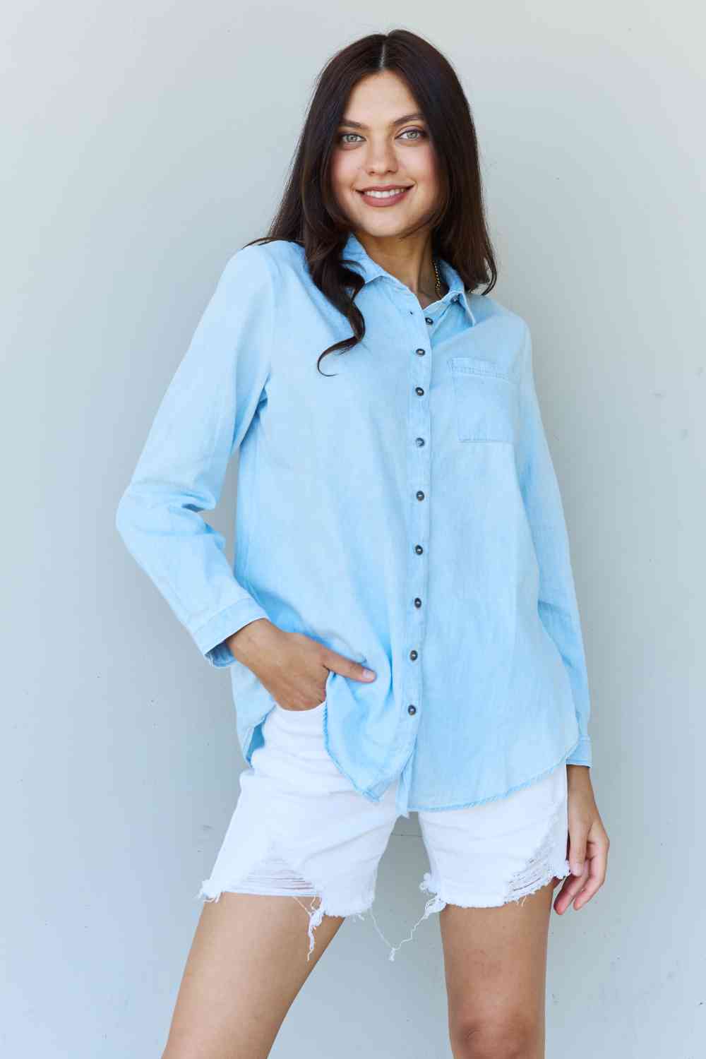 Doublju Blue Jean Baby Denim Button Down Shirt Top in Light Blue - Blouse - Light Blue - Bella Bourget