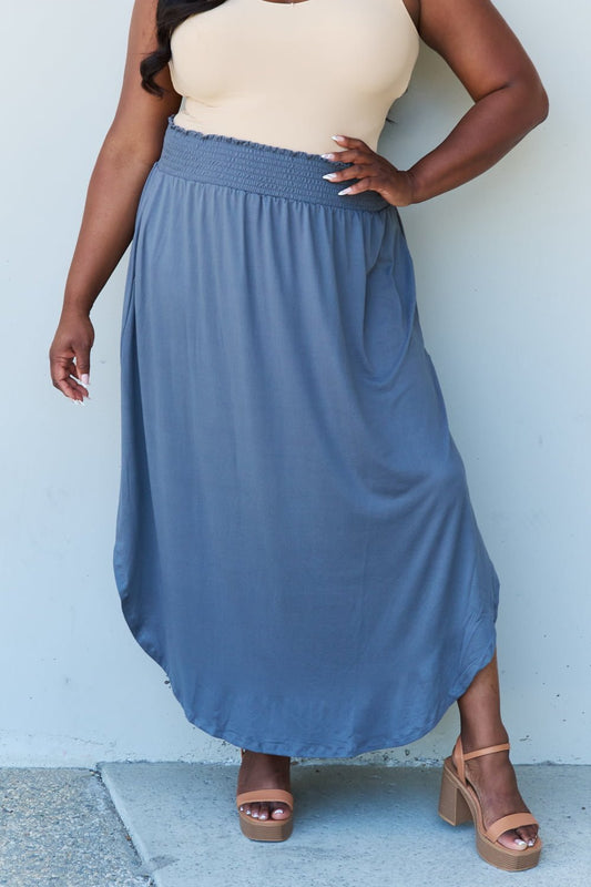 Doublju Comfort Princess Full Size High Waist Scoop Hem Maxi Skirt in Dusty Blue - Full Size Skirt - Dusty Blue - Bella Bourget