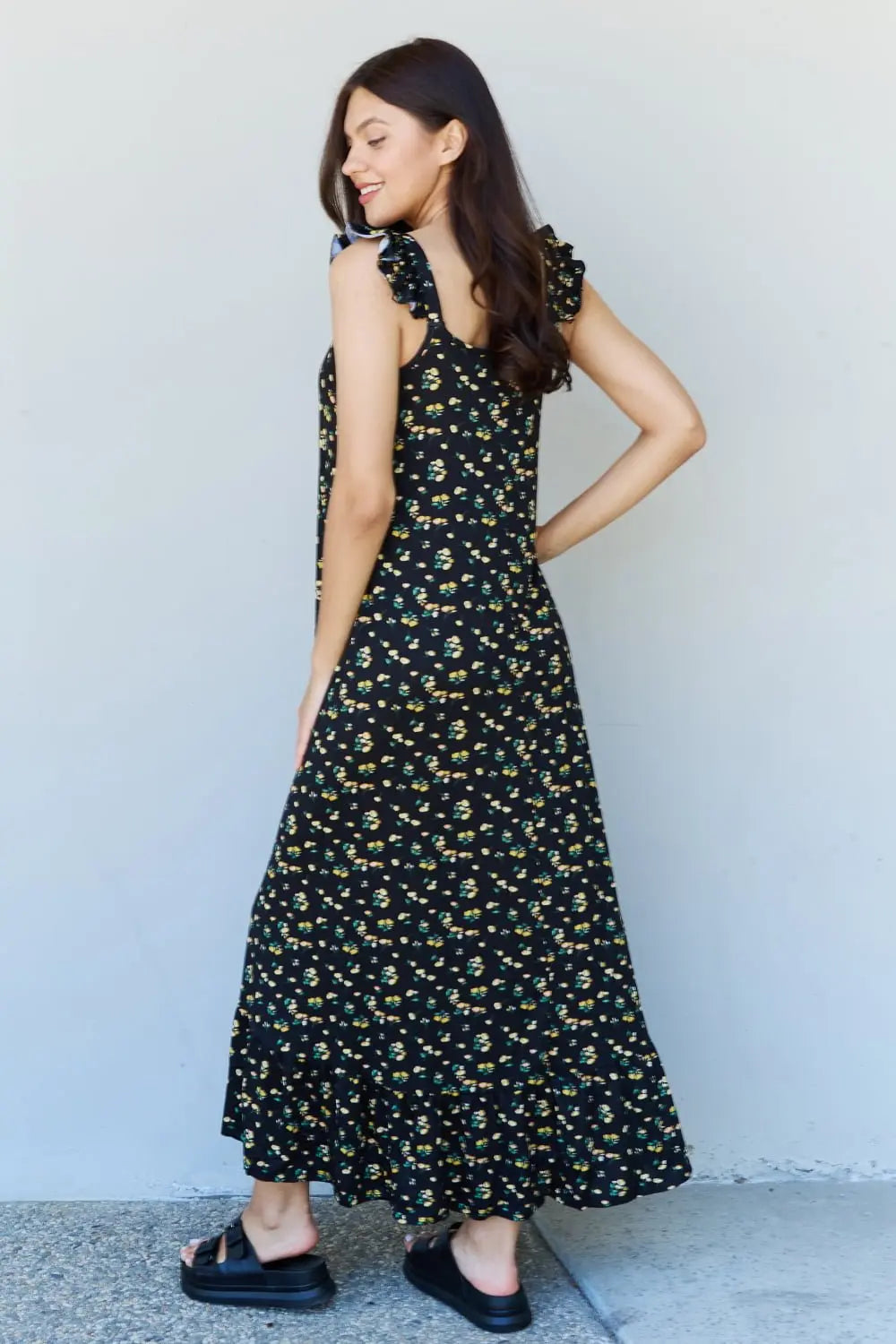 Doublju In The Garden Ruffle Floral Maxi Dress in Black Yellow Floral - Dress - Floral - Bella Bourget