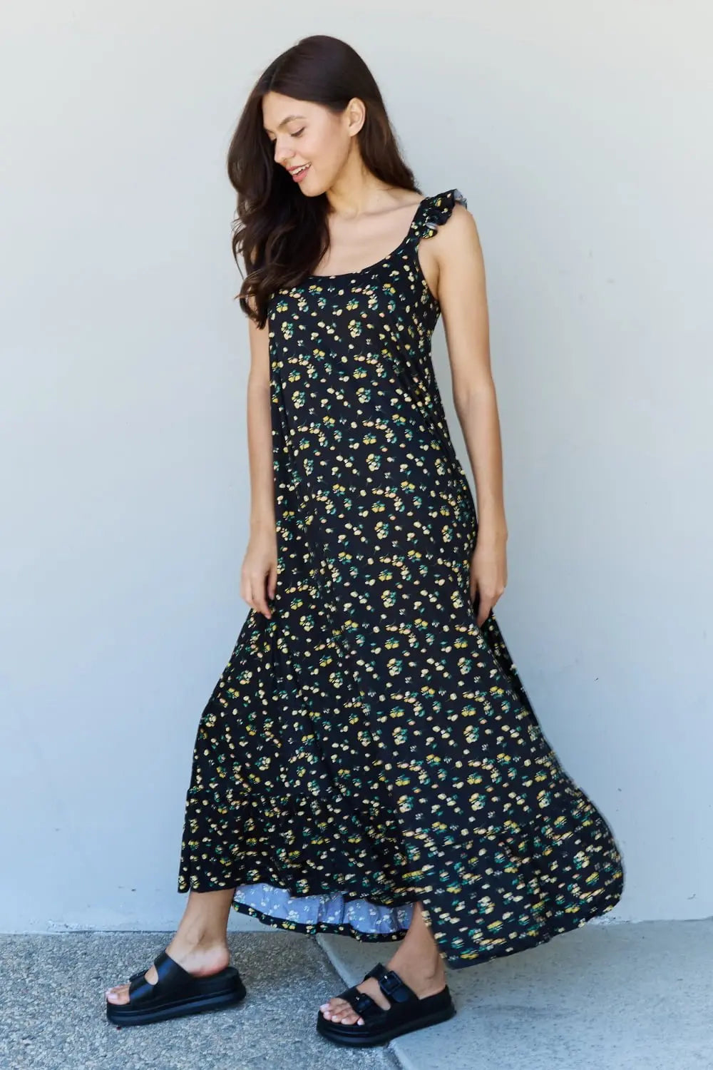 Doublju In The Garden Ruffle Floral Maxi Dress in Black Yellow Floral - Dress - Floral - Bella Bourget