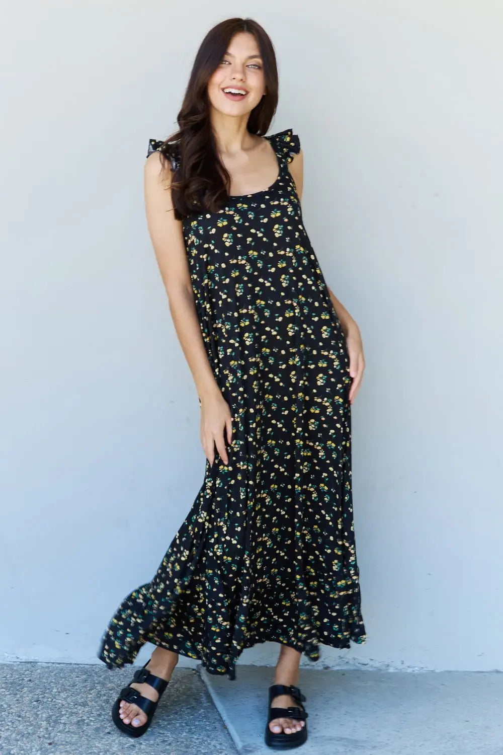 Doublju In The Garden Ruffle Floral Maxi Dress in Black Yellow Floral - Dress - Floral - Bella Bourget