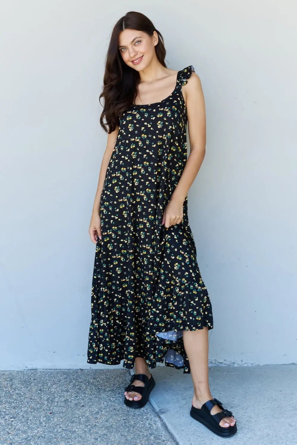 Doublju In The Garden Ruffle Floral Maxi Dress in Black Yellow Floral - Dress - Floral - Bella Bourget