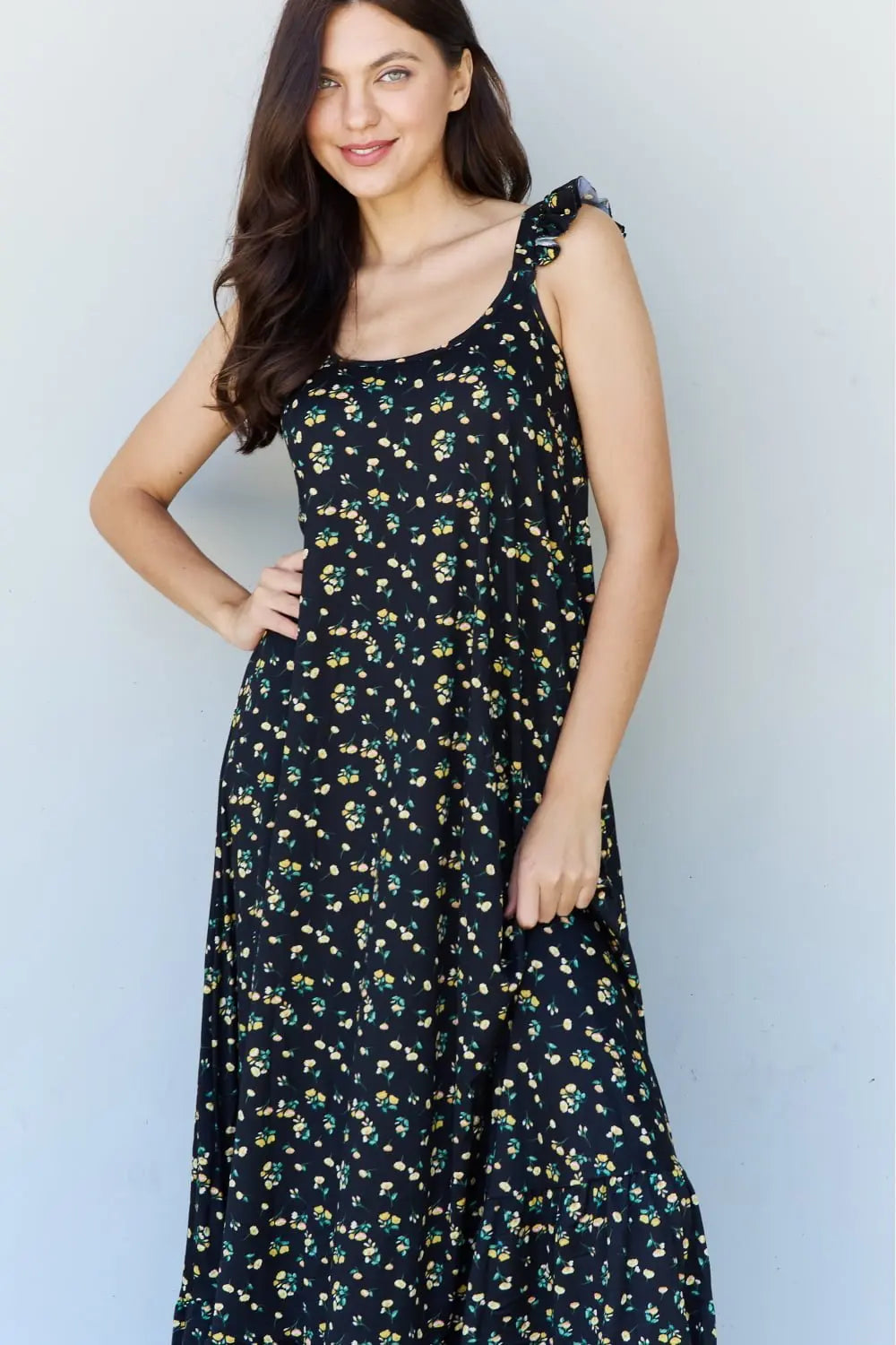 Doublju In The Garden Ruffle Floral Maxi Dress in Black Yellow Floral - Dress - Floral - Bella Bourget