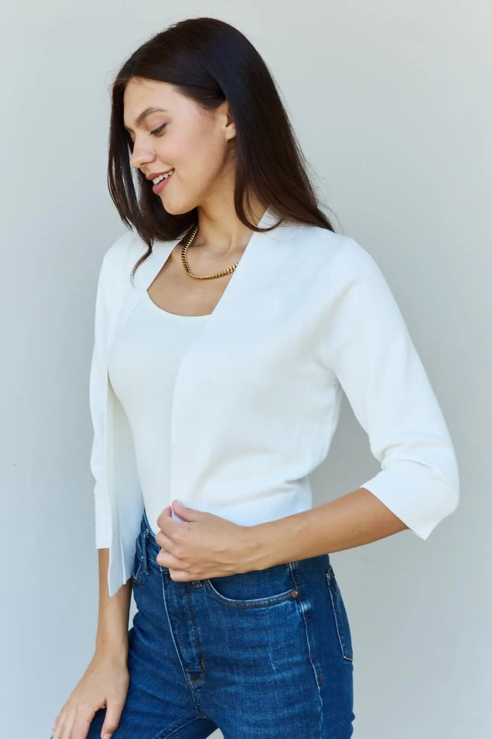 Doublju My Favorite Full Size 3/4 Sleeve Cropped Cardigan in Ivory - Jeans - Ivory - Bella Bourget