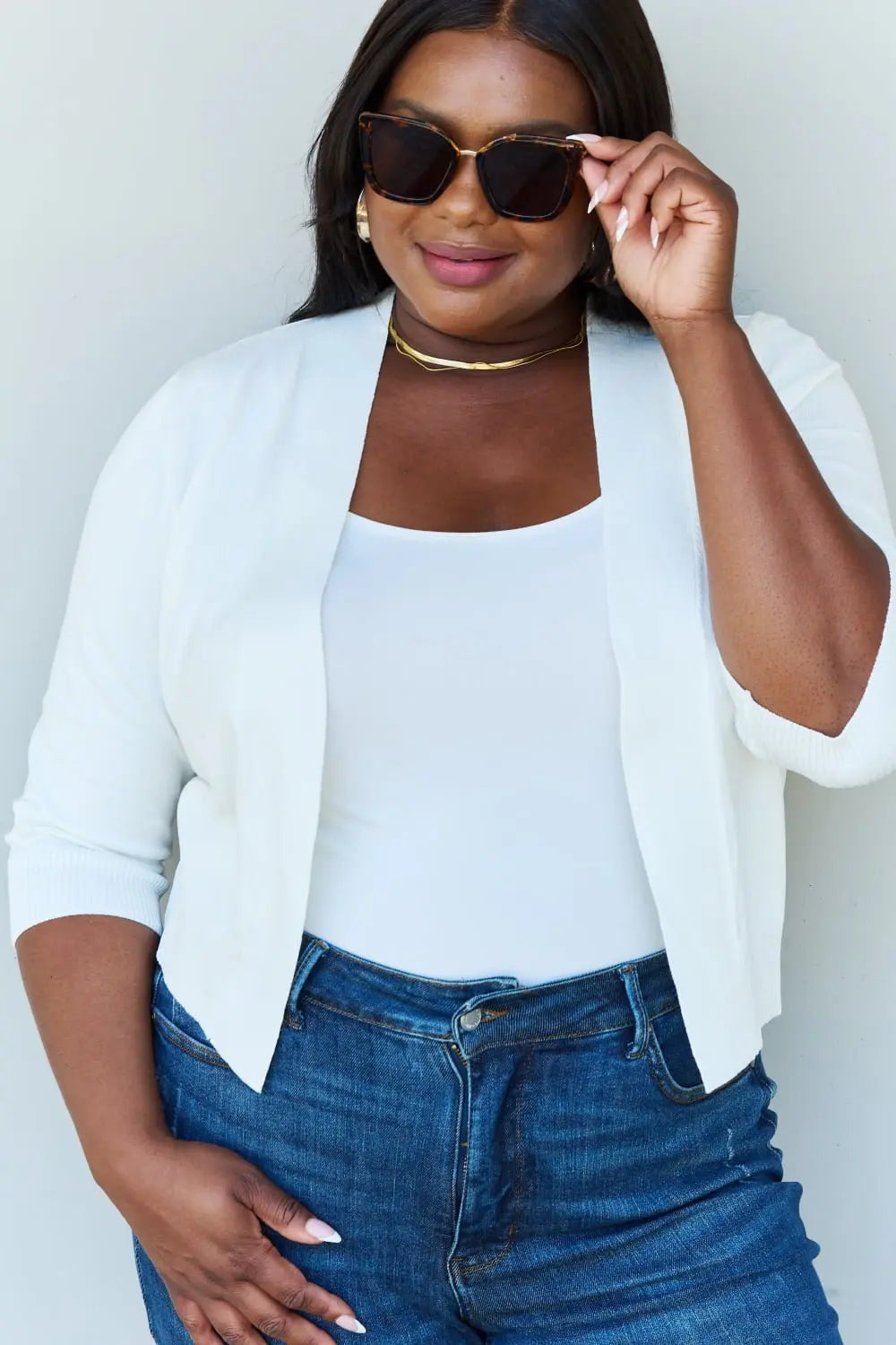 Doublju My Favorite Full Size 3/4 Sleeve Cropped Cardigan in Ivory - Jeans - Ivory - Bella Bourget