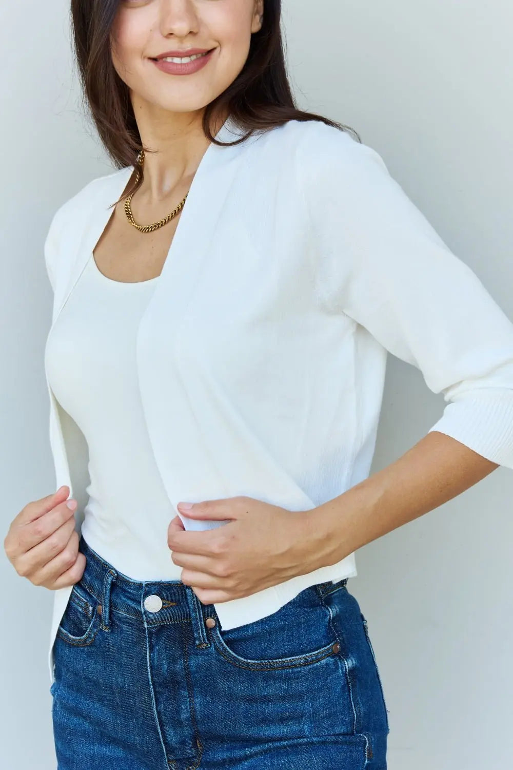 Doublju My Favorite Full Size 3/4 Sleeve Cropped Cardigan in Ivory - Jeans - Ivory - Bella Bourget