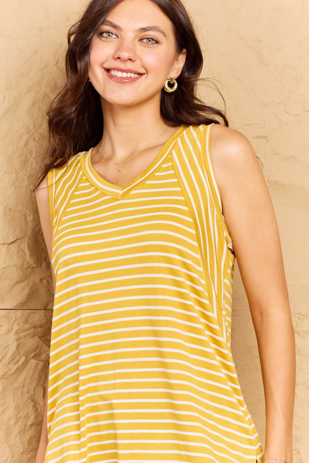 Doublju Talk To Me Full Size Striped Sleeveless V - Neck Top - Blouse - Stripe - Bella Bourget