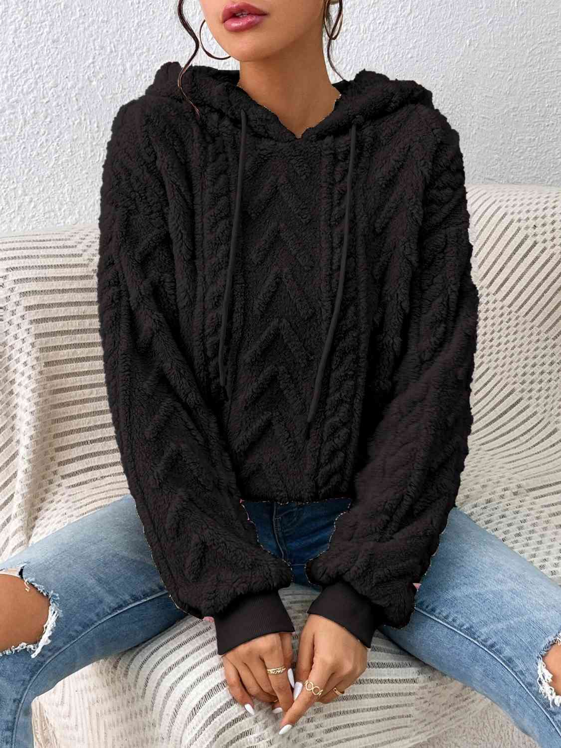 Drawstring Long Sleeve Hoodie - Hoodie - Black - Bella Bourget