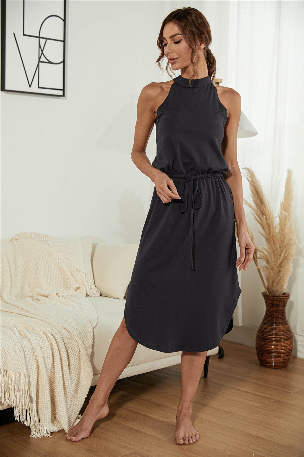 Drawstring Open Back Slit Sleeveless Dress - Dress - Mid Gray - Bella Bourget