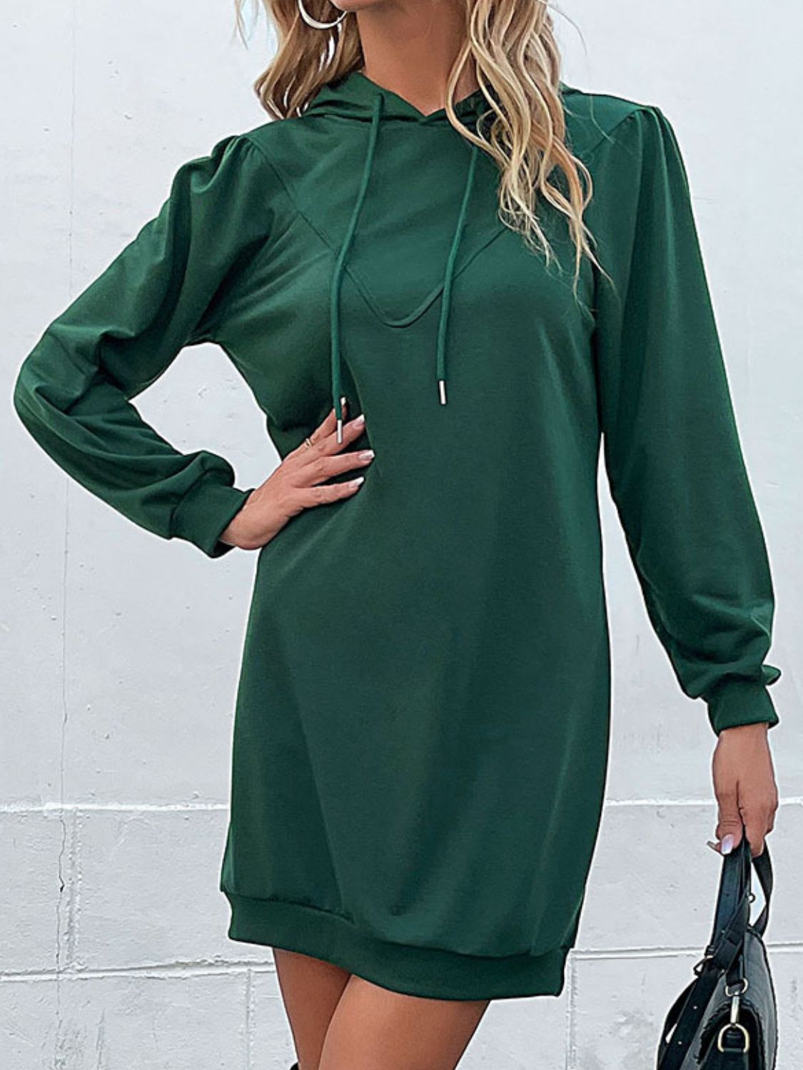 Drawstring Puff Sleeve Hooded Dress - Dress - Green - Bella Bourget