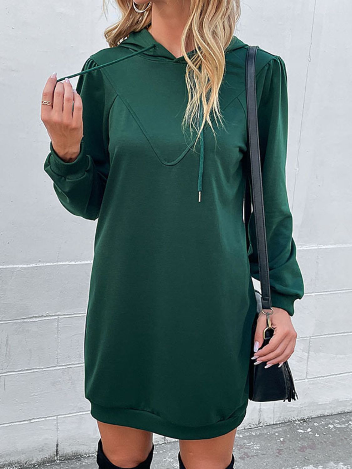 Drawstring Puff Sleeve Hooded Dress - Dress - Green - Bella Bourget