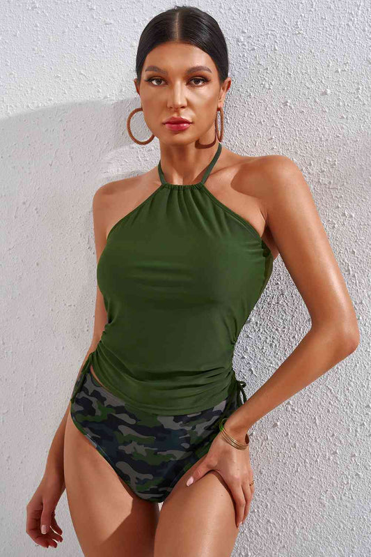 Drawstring Ruched Halter Neck Swim Top and Camouflage Bottoms Two - Piece Swimsuit - Two - Piece Swimsuit - Green - Bella Bourget