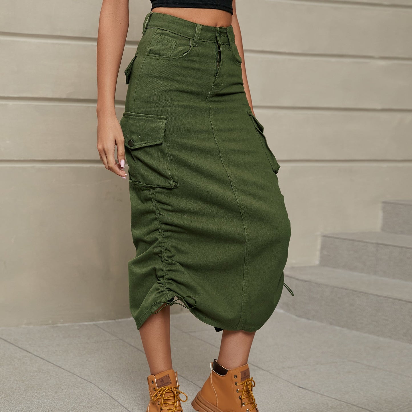 Drawstring Ruched Slit Denim Midi Skirt - Denim Skirt - Army Green - Bella Bourget