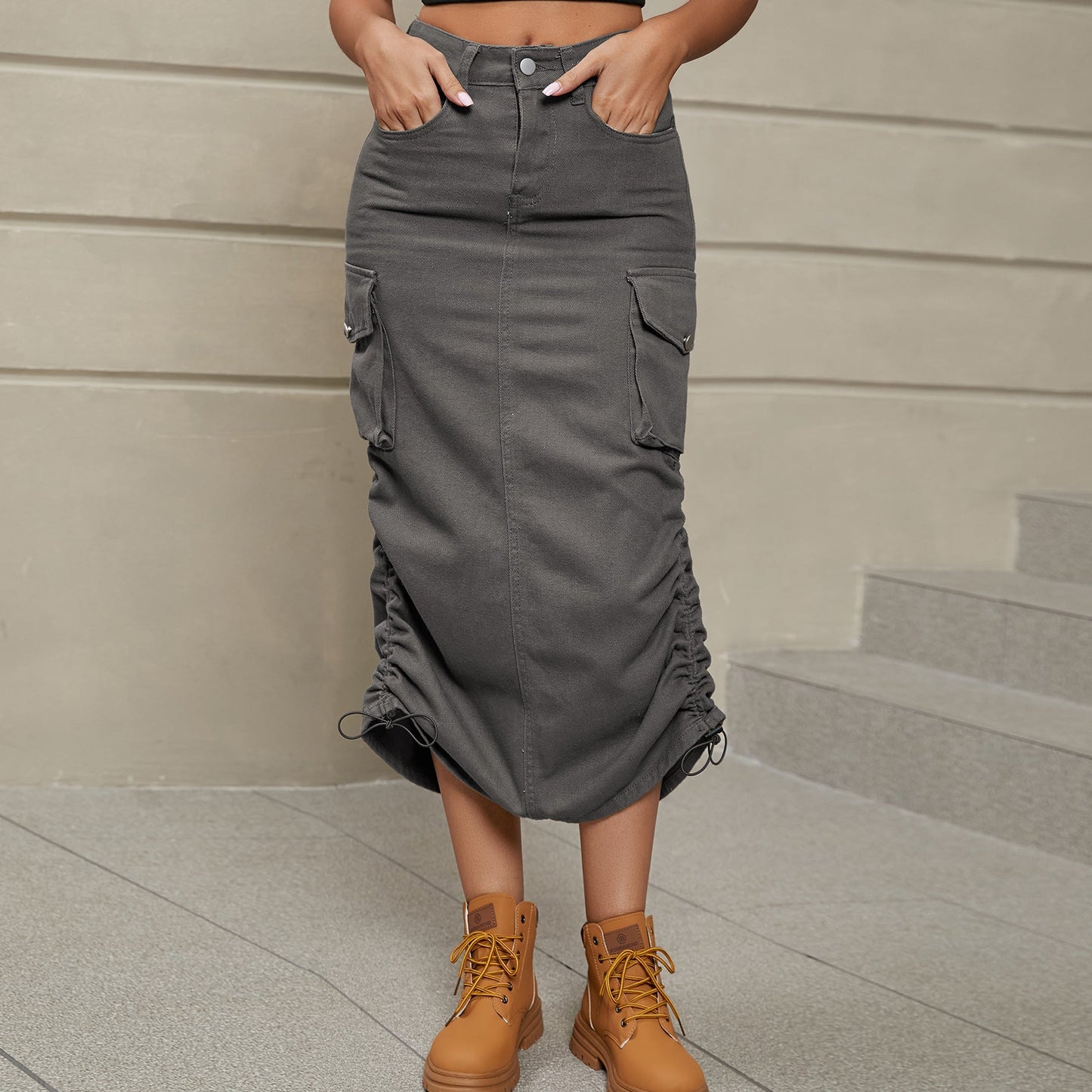 Drawstring Ruched Slit Denim Midi Skirt - Denim Skirt - Mid Gray - Bella Bourget