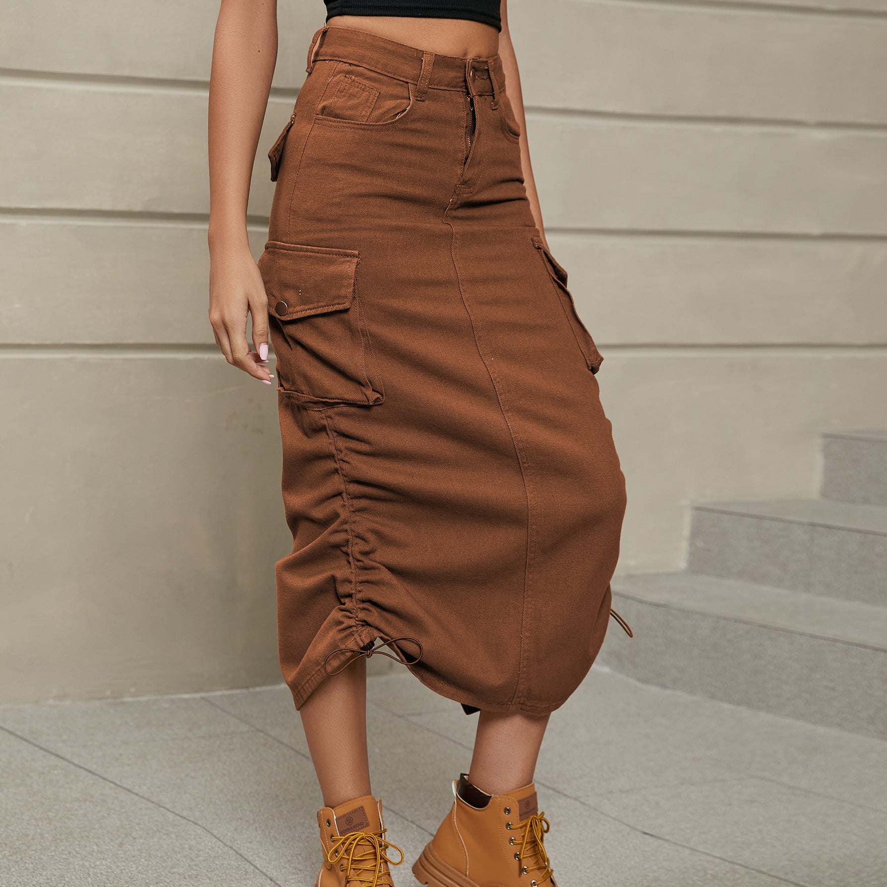 Drawstring Ruched Slit Denim Midi Skirt - Denim Skirt - Chestnut - Bella Bourget