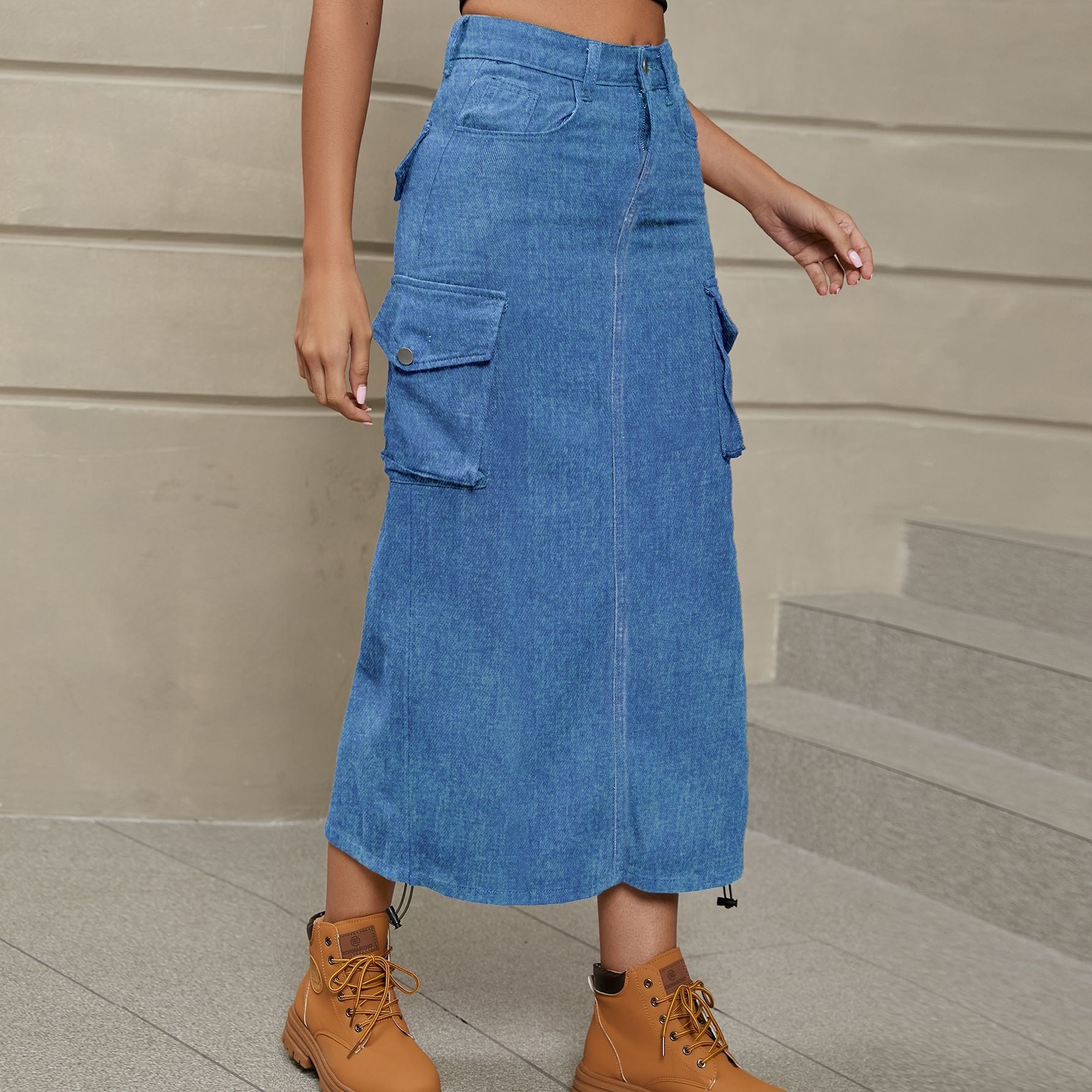 Drawstring Ruched Slit Denim Midi Skirt - Denim Skirt - Denim - Bella Bourget