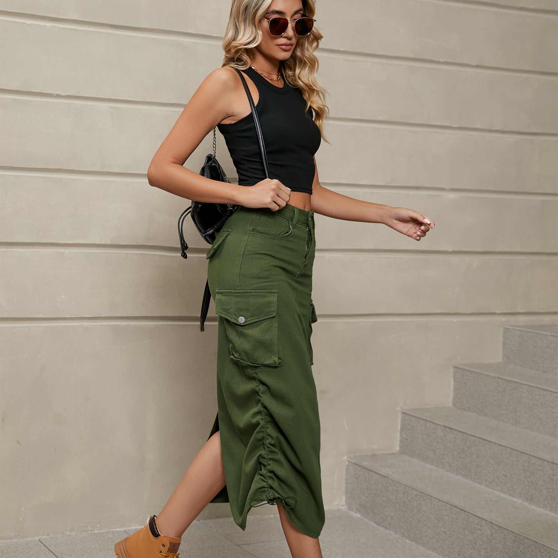 Drawstring Ruched Slit Denim Midi Skirt - Denim Skirt - Army Green - Bella Bourget