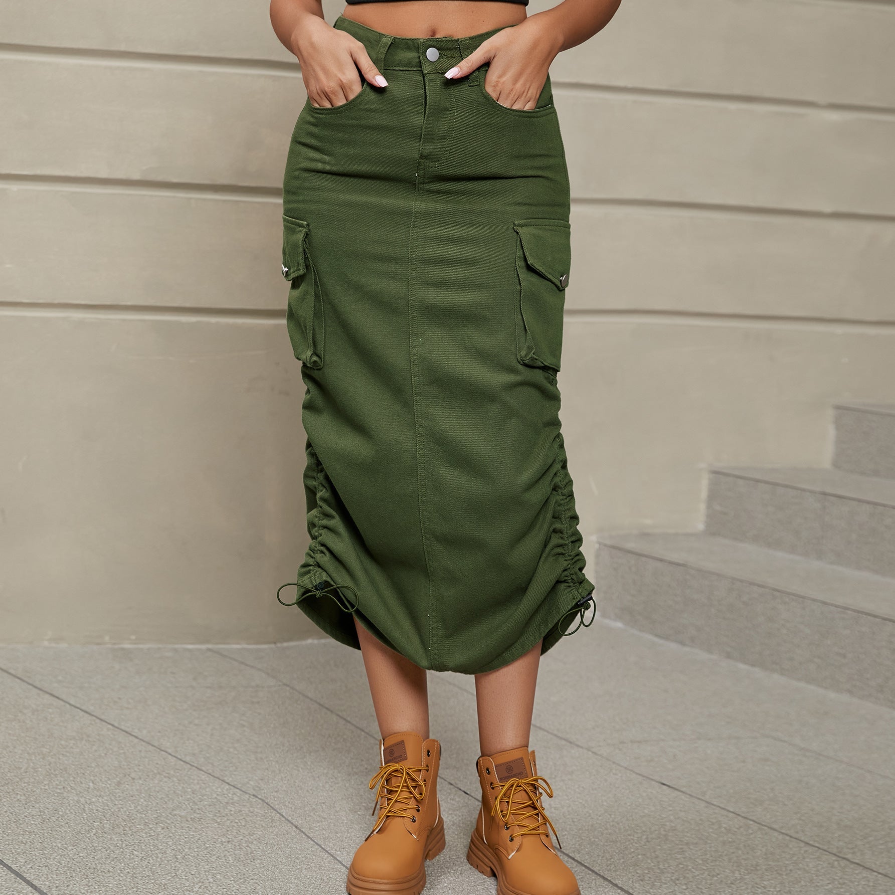 Drawstring Ruched Slit Denim Midi Skirt - Denim Skirt - Army Green - Bella Bourget