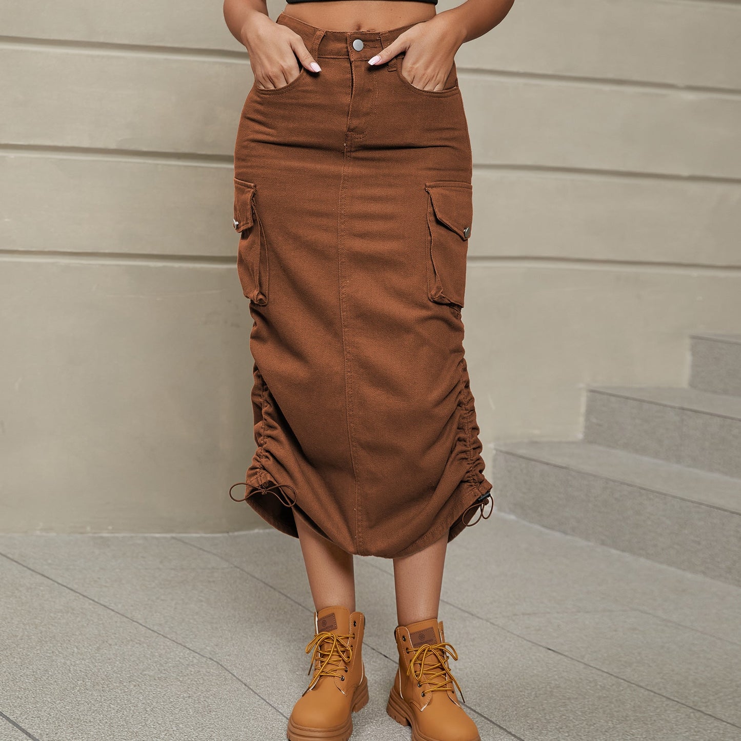 Drawstring Ruched Slit Denim Midi Skirt - Denim Skirt - Chestnut - Bella Bourget