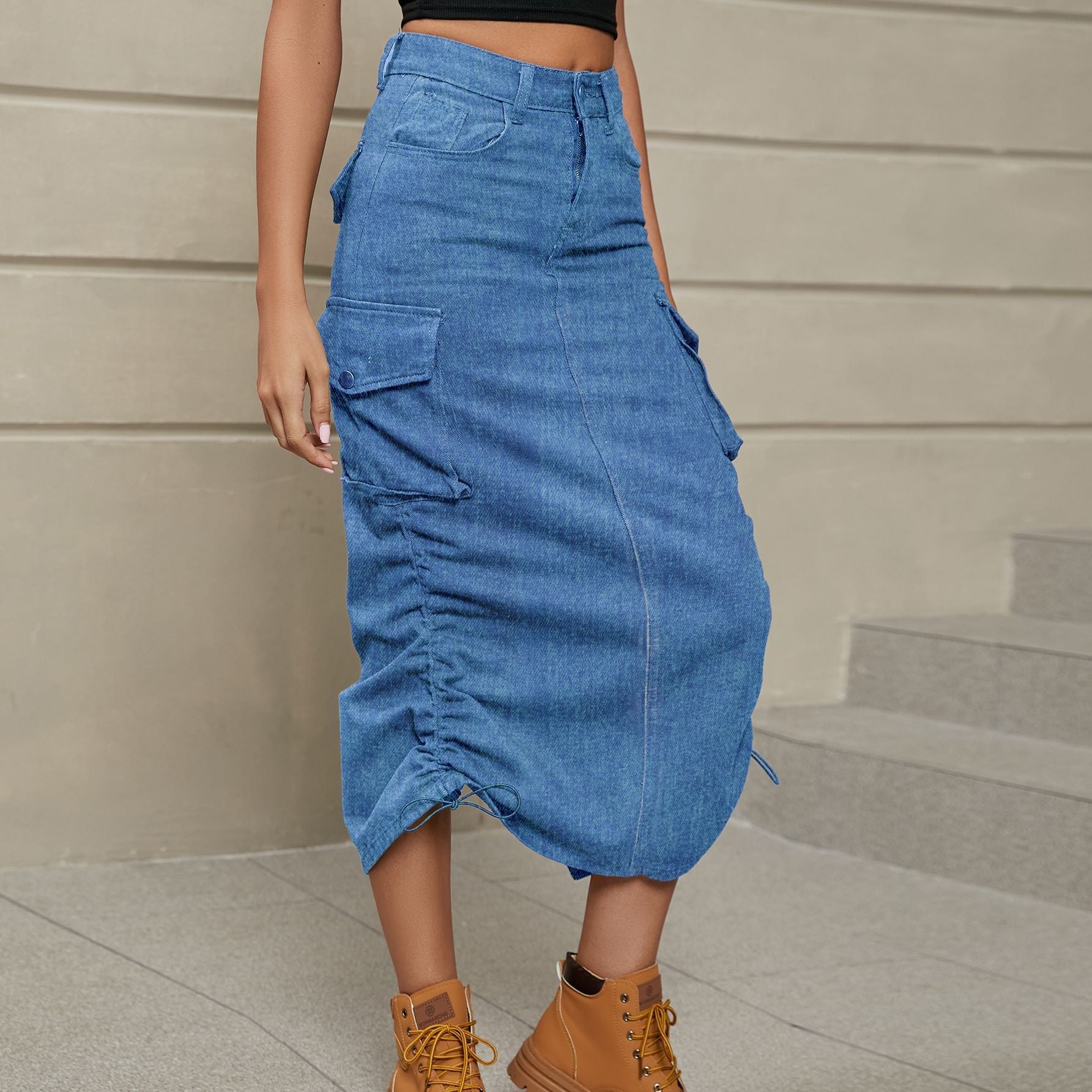 Drawstring Ruched Slit Denim Midi Skirt - Denim Skirt - Denim - Bella Bourget