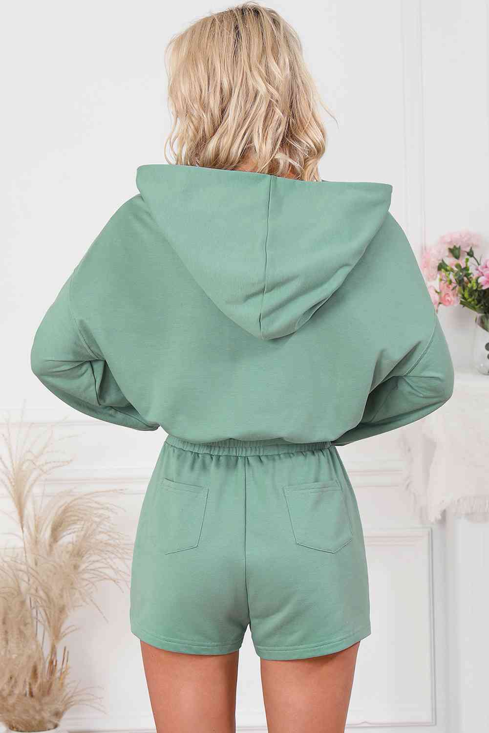 Drawstring Waist Hooded Romper with Pockets - Romper - Gum Leaf - Bella Bourget