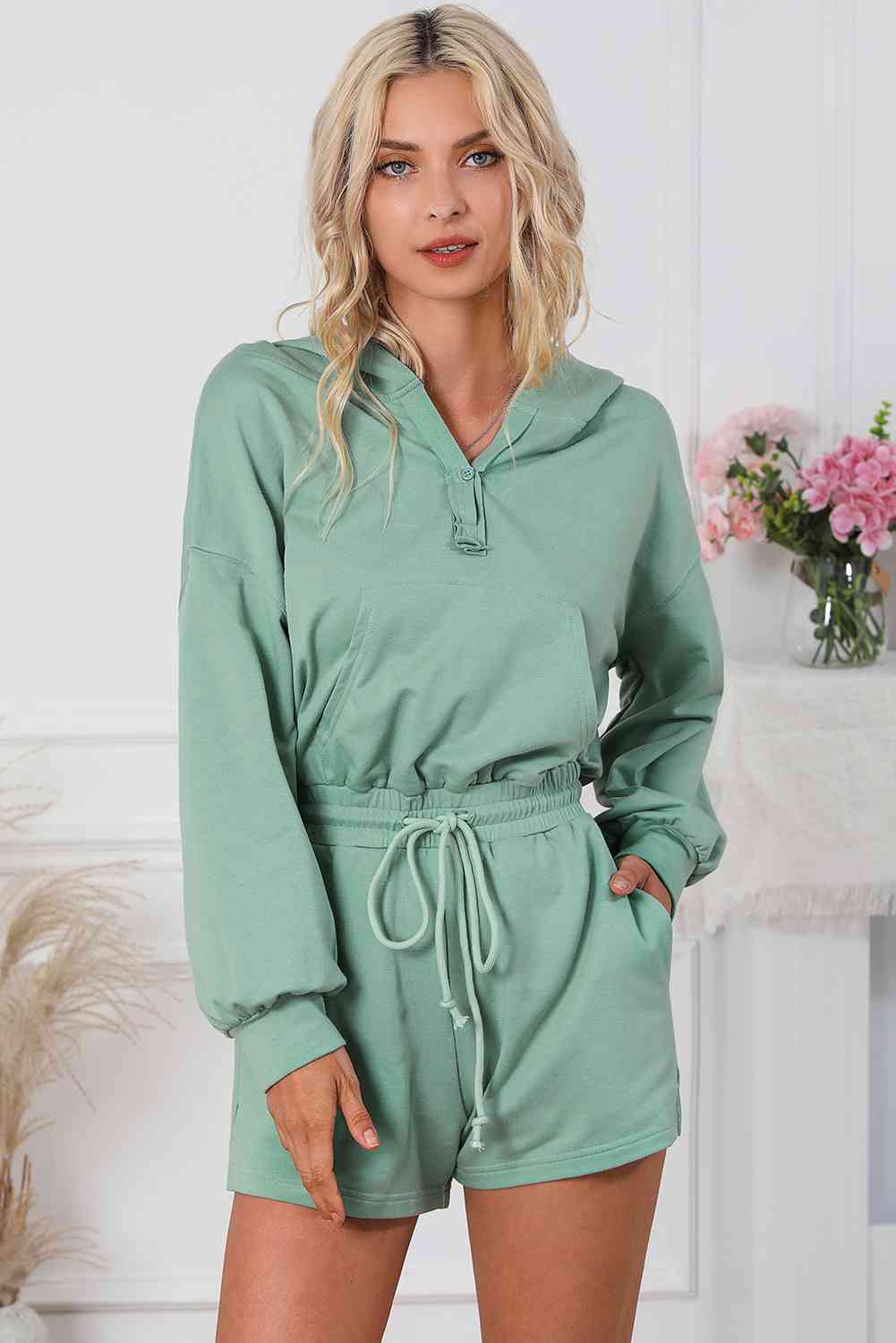 Drawstring Waist Hooded Romper with Pockets - Romper - Gum Leaf - Bella Bourget