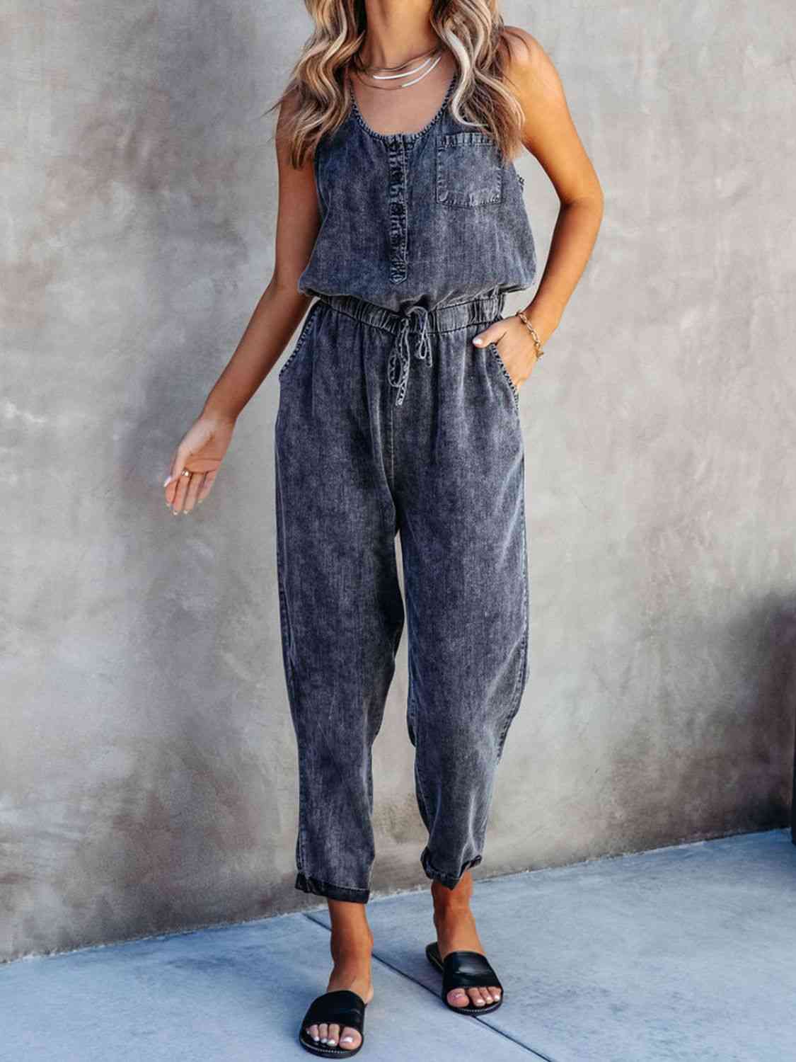 Drawstring Waist Sleeveless Jumpsuit - Dark - Bella Bourget