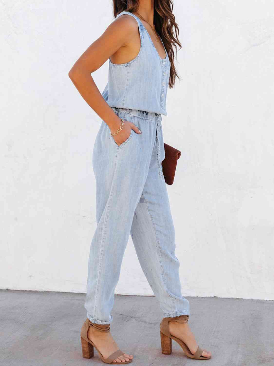 Drawstring Waist Sleeveless Jumpsuit - Light - Bella Bourget