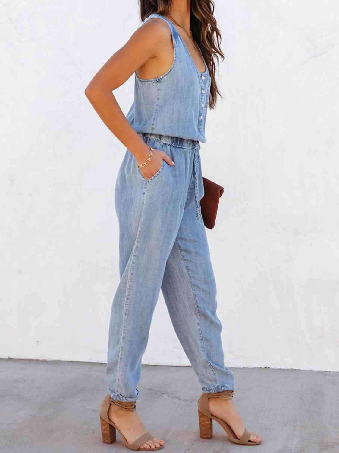 Drawstring Waist Sleeveless Jumpsuit - Medium - Bella Bourget