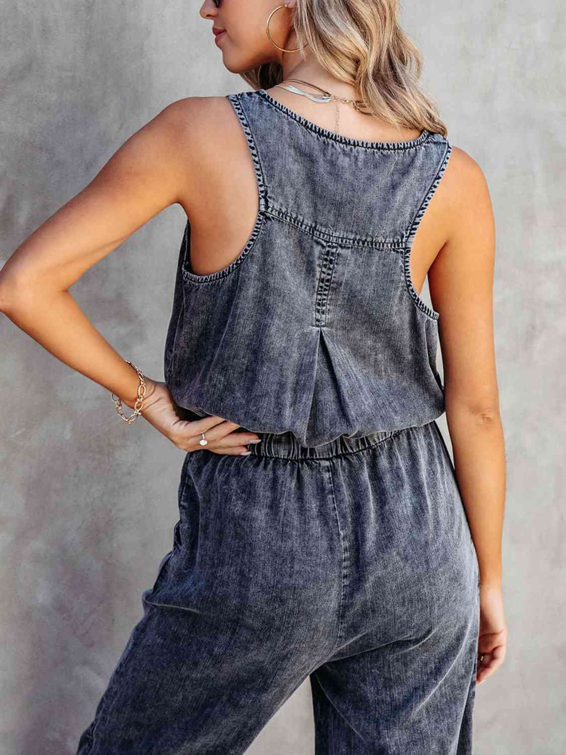 Drawstring Waist Sleeveless Jumpsuit - Dark - Bella Bourget