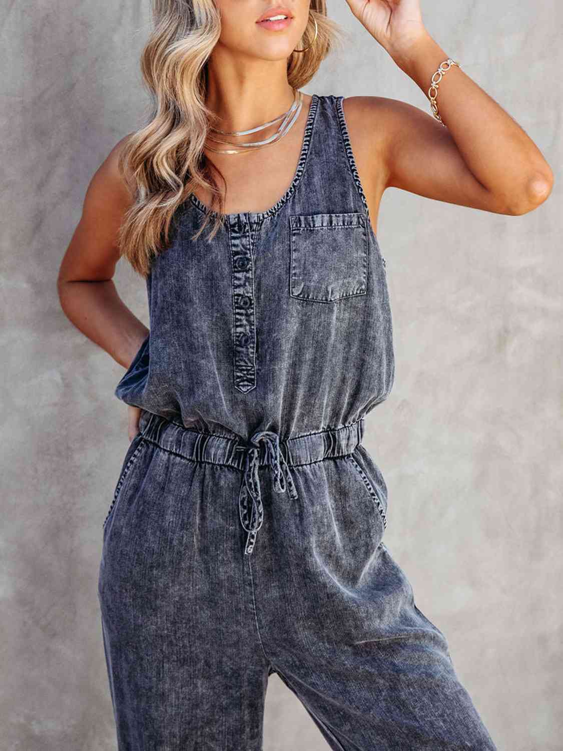 Drawstring Waist Sleeveless Jumpsuit - Dark - Bella Bourget