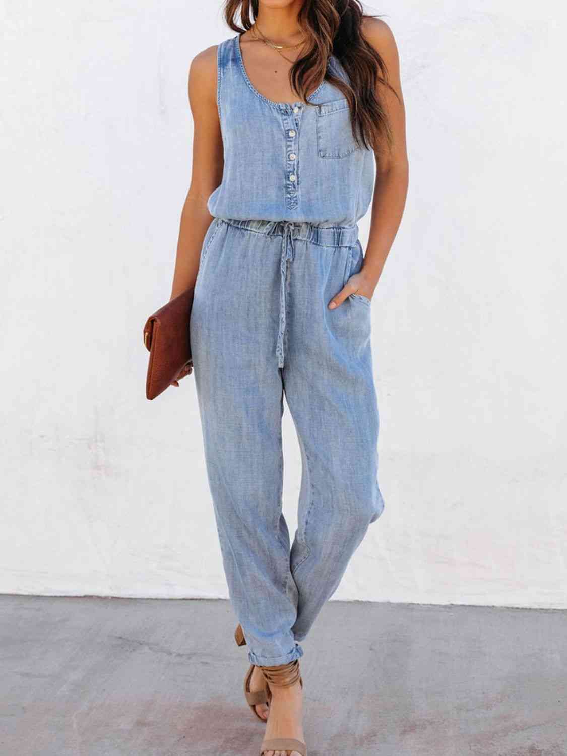 Drawstring Waist Sleeveless Jumpsuit - Medium - Bella Bourget