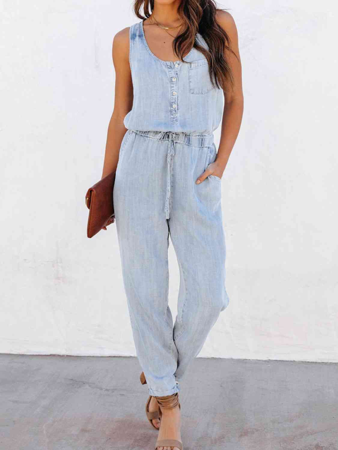 Drawstring Waist Sleeveless Jumpsuit - Light - Bella Bourget