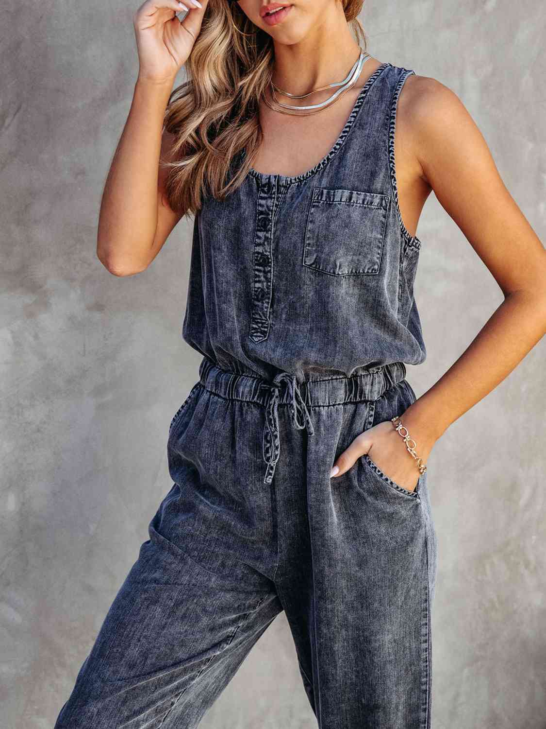 Drawstring Waist Sleeveless Jumpsuit - Dark - Bella Bourget