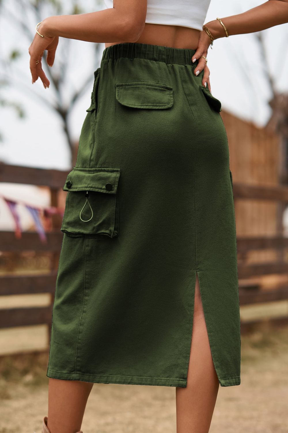 Drawstring Waist Slit Denim Skirt - Skirt - Army Green - Bella Bourget