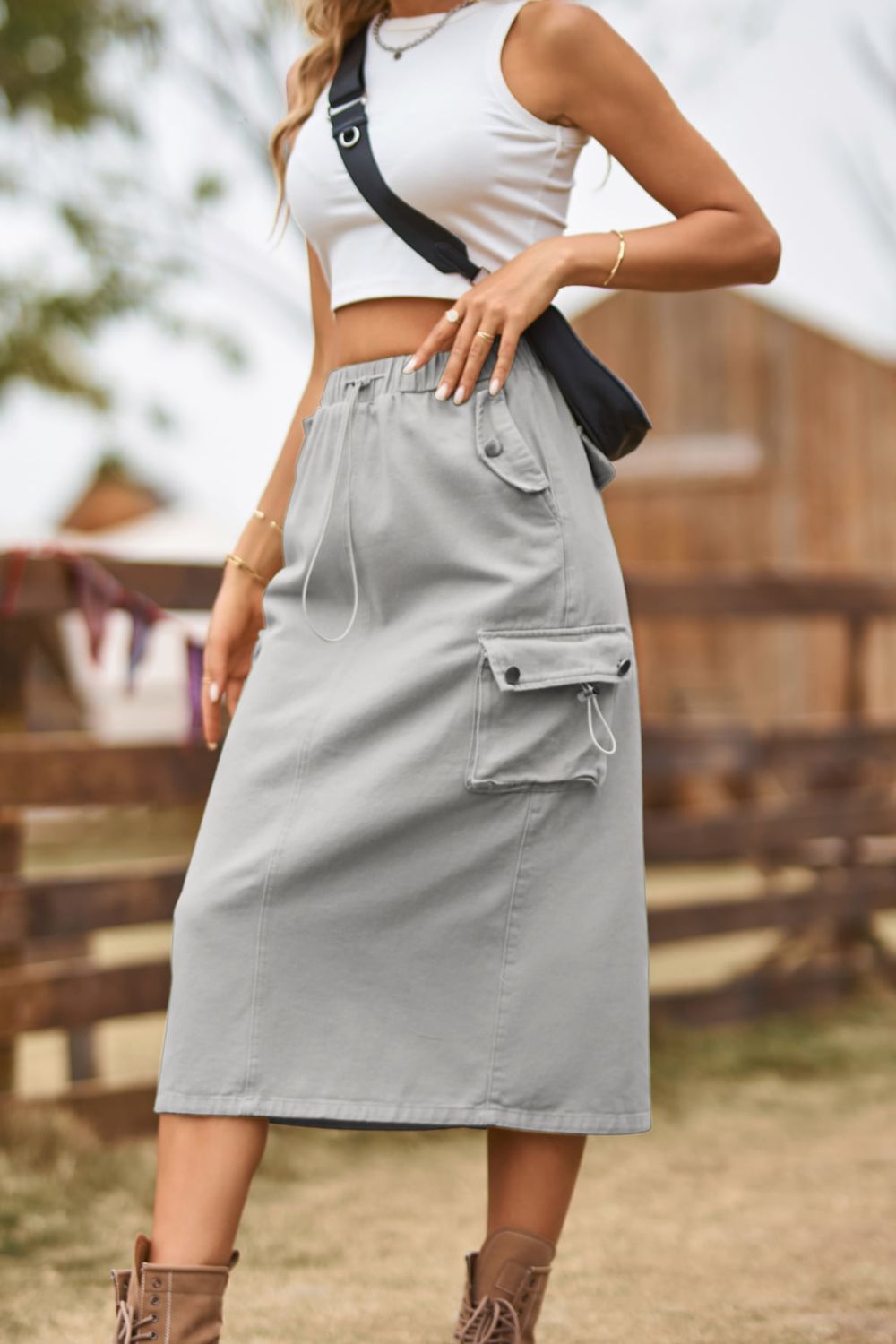 Drawstring Waist Slit Denim Skirt - Skirt - Mid Gray - Bella Bourget